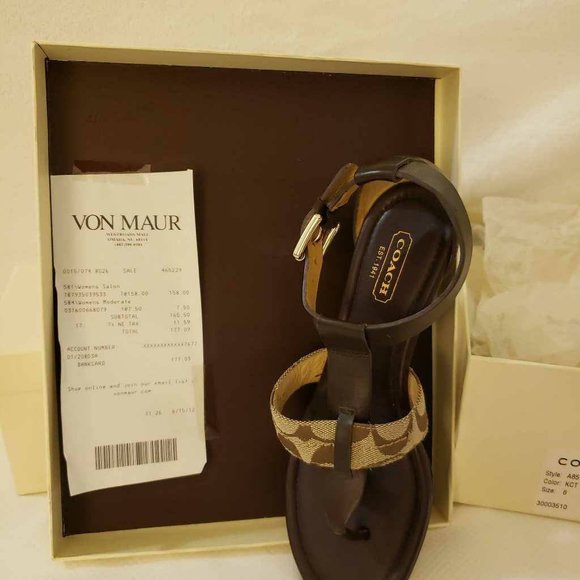 Coach Womens Velvet T-Strap Sandals Brown Beige Signature Thong Mid Heel 6 B New - Picture 11 of 15